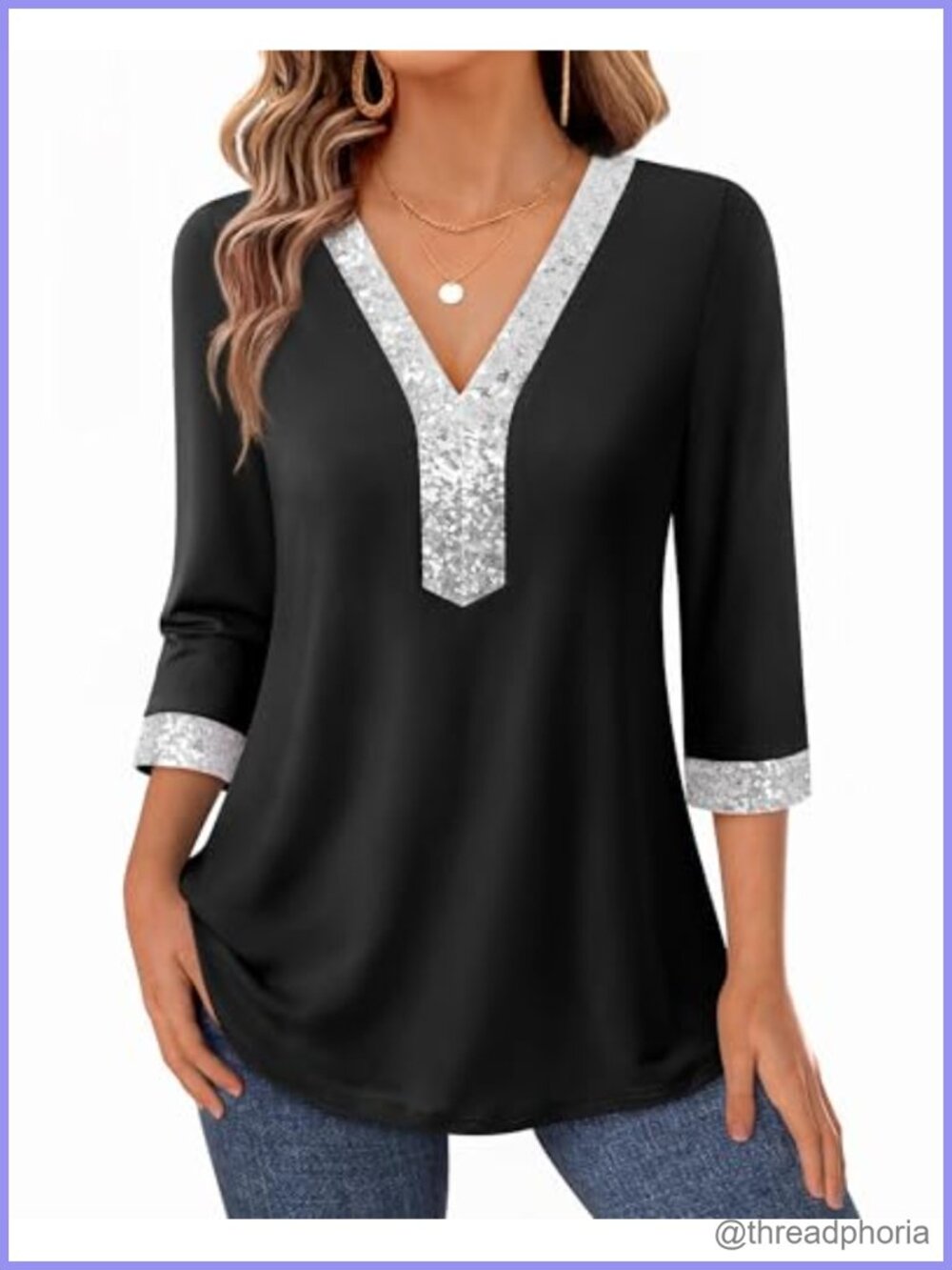 Women's Sequin V Neck 3/4 Sleeve Tunic Top Dressy Blouse